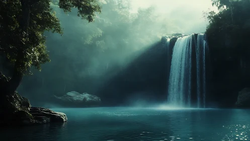 Misty forest waterfall with soft light over tranquil pool.
