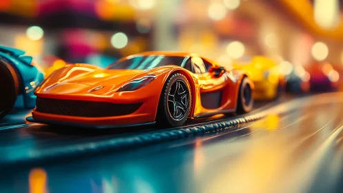 Sleek orange slot car races along neon-lit track at speed.