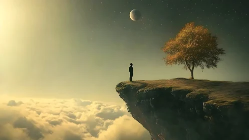 Solitary dreamer balances on the last ledge of the sky