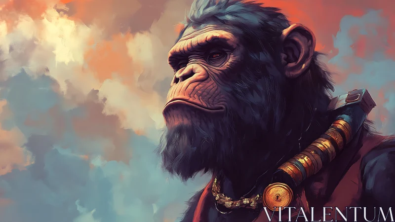 Simian portrait with ornamental harness against cloudy sky.