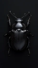 Glossy black beetle macro on seamless dark background.