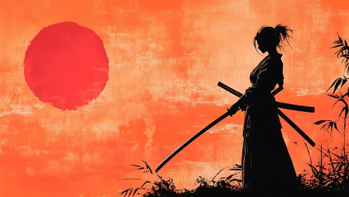 Samurai silhouette poised beneath blazing scarlet sun.