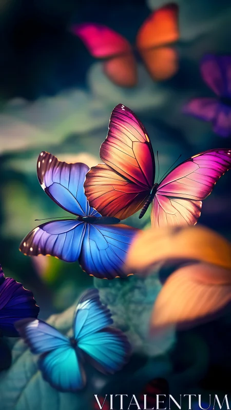 Vivid multicolored butterflies in soft garden light.