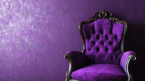 Royal purple velvet armchair against ornate textured wall.