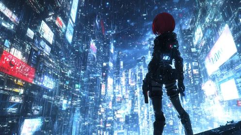 Lone cyber scout surveys neon rain over endless dataspires.