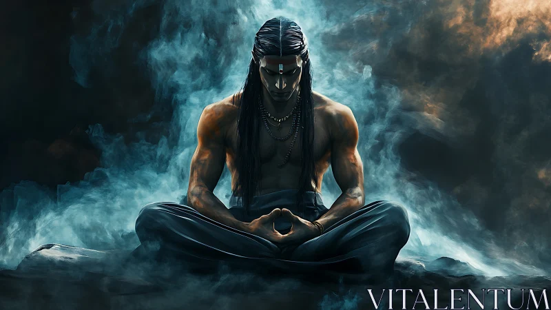Serene warrior in deep meditation within swirling mystic smoke.