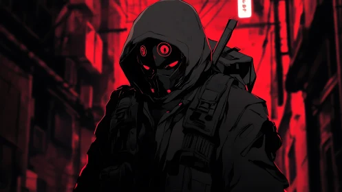 Cybernetic urban operative in hooded tactical exosuit stance.