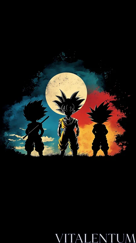 Silhouetted warriors before full moon on split sky backdrop.