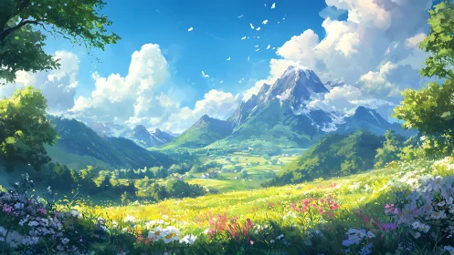 Luminous alpine valley digital painting with floral foreground focus.