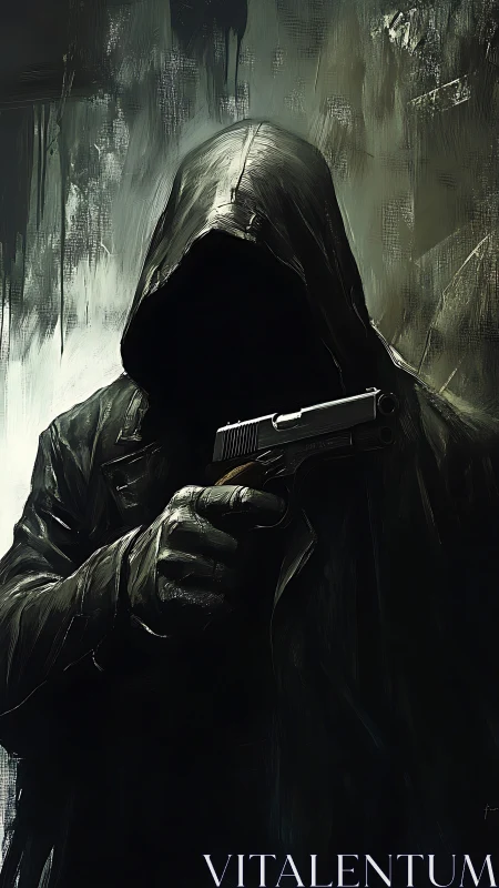 Hooded gunman in chiaroscuro lighting with textured brushwork.