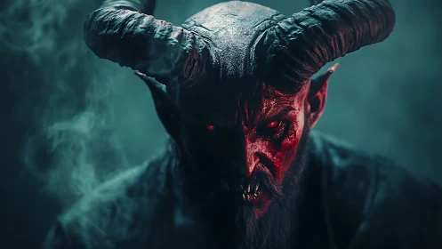 Horned demon entity glares through swirling blue smoke.