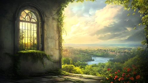 Sunlit ruin window opening onto a peaceful river valley.