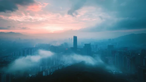 Fog-draped sunrise skyline overlooks dense modern city