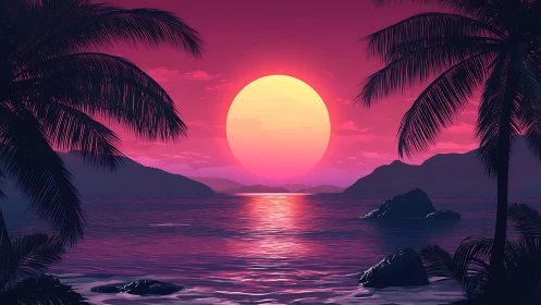 Dreamy neon sunset over tranquil tropical shoreline.