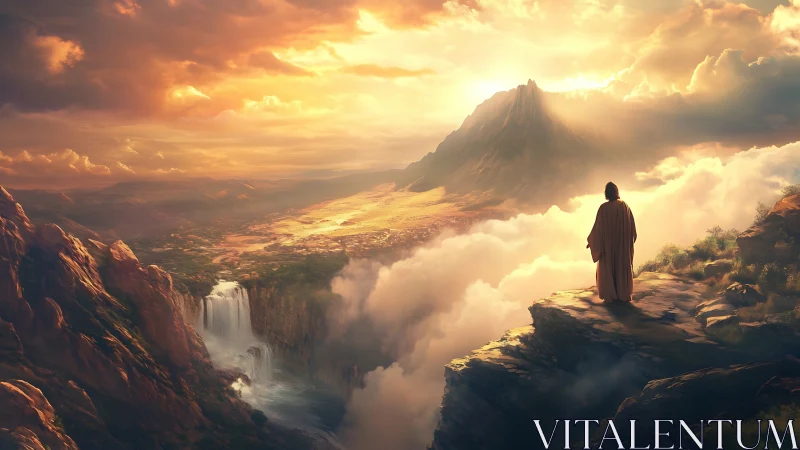 Solitary robed figure surveys illuminated mountain valley