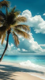 Tropical Palm Beach Scene with Ocean and Sky.