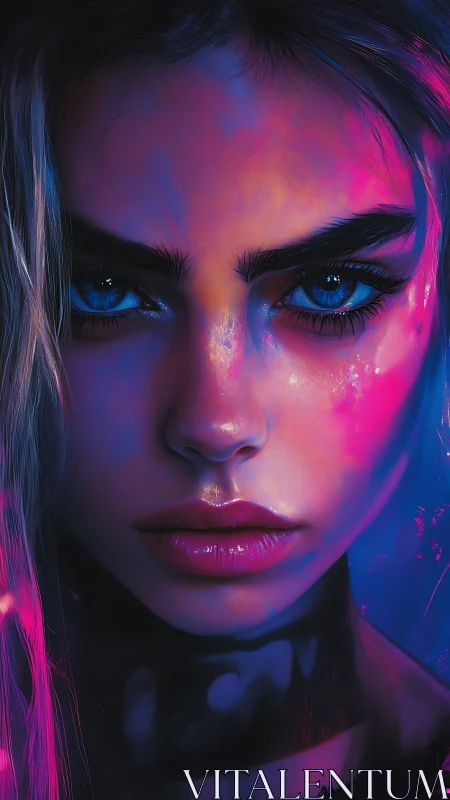 Female digital portrait under neon magenta and blue lighting.