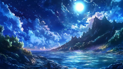 Moonlit coastal mountains under detailed starry sky.
