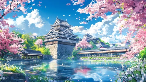 Springtime Japanese castle beside reflective cherry blossom lake.