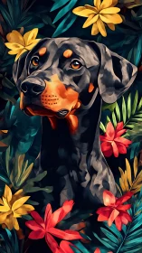 Doberman portrait in chromatic tropical foliage rendering.
