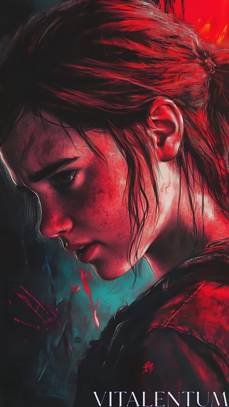 Brooding young survivor in red and teal dramatic lighting.