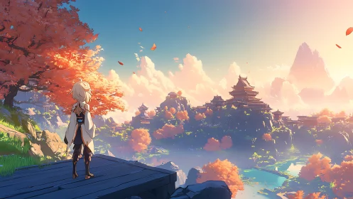 Anime landscape vista with autumnal mountain shrine cityscape.
