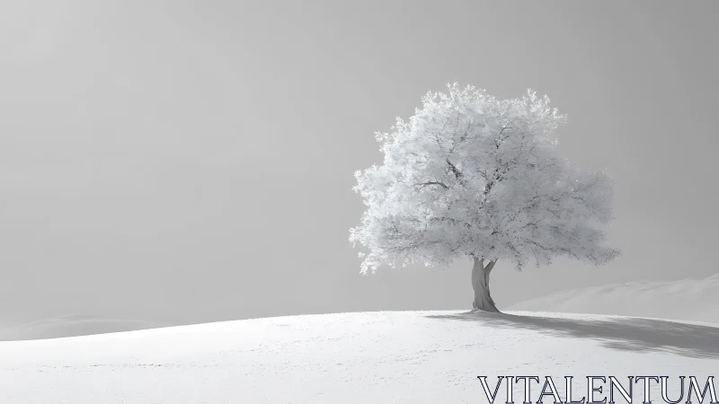 Solitary frost-covered tree on smooth winter hillside.