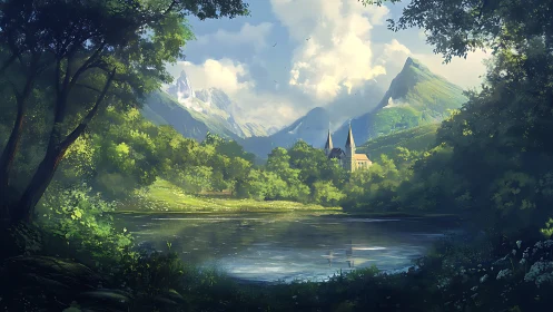 Alpine Valley Sanctuary: Gothic Church Nestled in Verdant Mountain Basin.