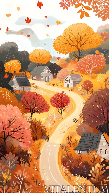 Golden autumn village road winds through glowing trees