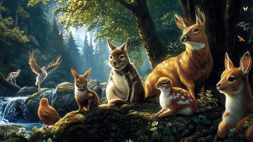 Forest animals gather by waterfall under soft morning light