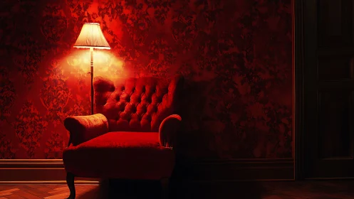 Red velvet armchair and floor lamp against patterned wall.