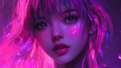 Dreamy neon portrait of a girl glowing in soft purple light.