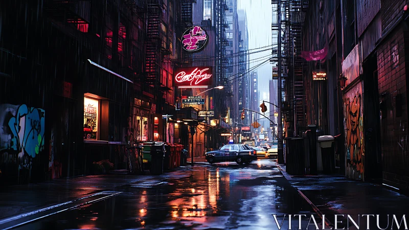 Neon rain braids a narrow city alley into liquid color
