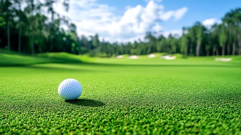 Golf ball on manicured green under clear daytime sky.