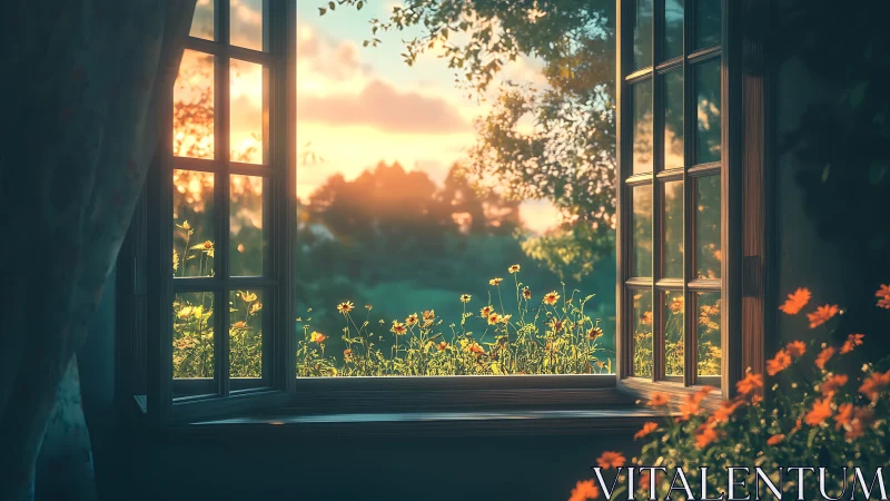 Sunlit garden daydream framed by an open cottage window.