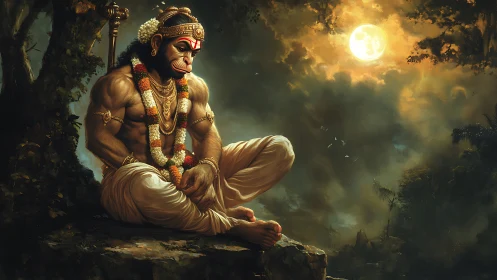 Moonlit Hanuman rests in serene strength beneath glowing sky