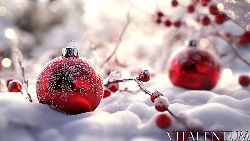 Macro depth-of-field study of snow-dusted red glass ornaments