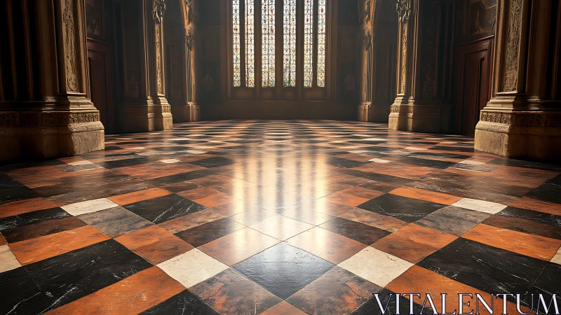 Sunlit checkered hall where polished marble softly glows.