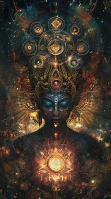 Cosmic deity portrait in radiant mandala energy field.