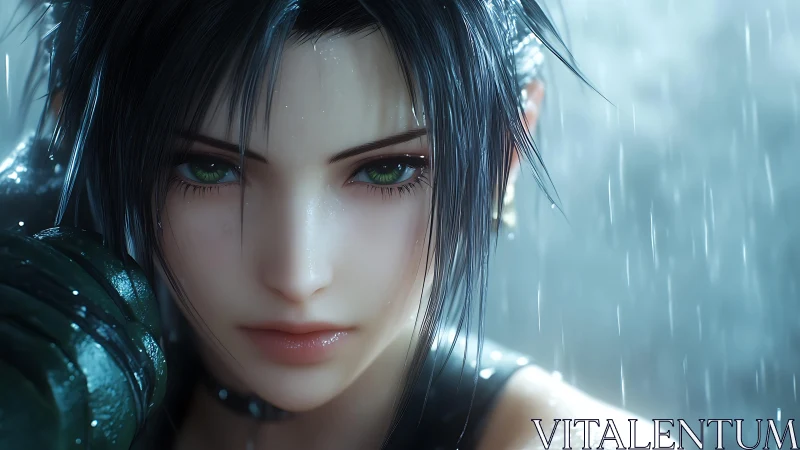 Digital painting close-up portrait under cinematic rainstorm.