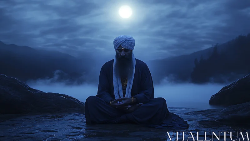 Moonlit meditation with turbaned elder by misty river.