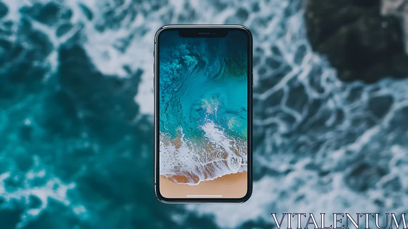 Smartphone with ocean wallpaper centered over sea water.
