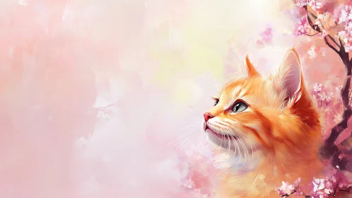 Ginger Tabby Cat Portrait with Cherry Blossom Background Illustration