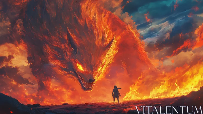 Colossal flaming fox spirit confronting lone warrior silhouette
