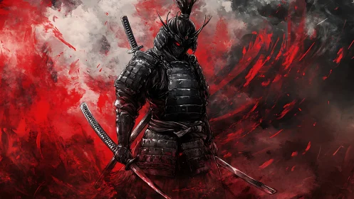Shadow-clad samurai stalks through scarlet battlefield storm.