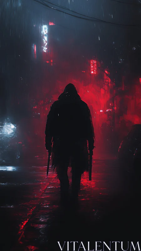 Silhouetted gunman advances through neon rain and red backlight