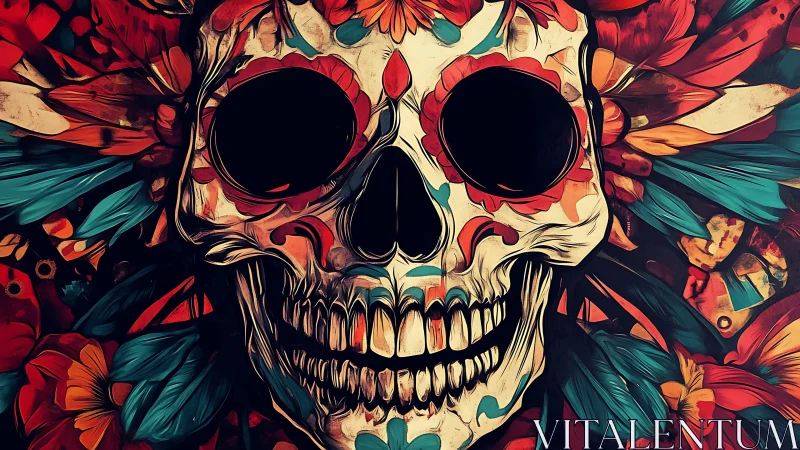 Colorful floral skull artwork with bold decorative details.
