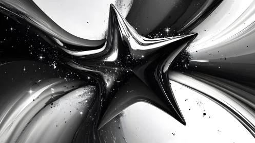 Shiny Black Starburst in Abstract Monochrome Digital Art Style.
