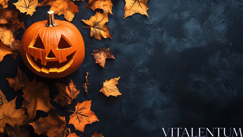 Carved jack o lantern with autumn leaves on dark background.