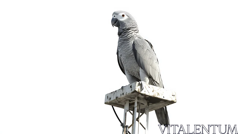 African Grey Parrot on Metal Stand, Minimalist Wildlife Photo.